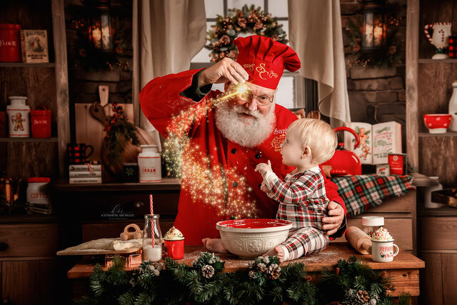 Santa Sarge baking with a toddler